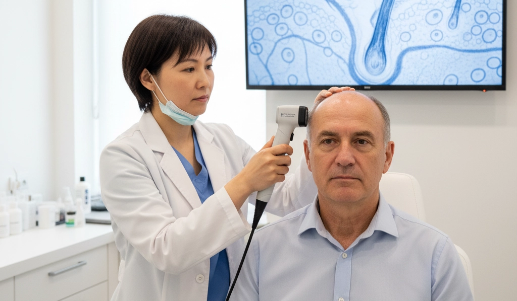 一位亞洲女醫生正在使用手持式儀器為一位中年男性患者檢查頭皮,背景是顯示毛囊結構的螢幕。